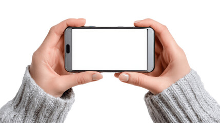 Close-up of hands holding a smartphone with a blank screen.
