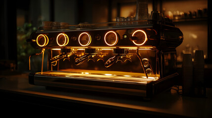 Professional coffee machine glowing in a dark cafe setting