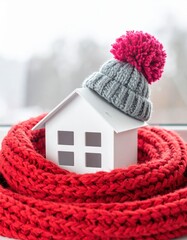 Cozy white house model wrapped in a vibrant red knitted scarf and warm winter hat for home heating concepts