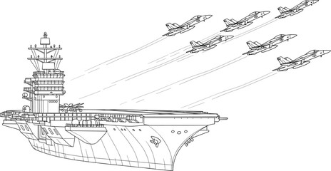 Powerful aircraft carrier at sea with fighter jets taking off in formation, military aviation technology, naval fleet operations, modern warship engineering, high-detail line art illustration © Akaza