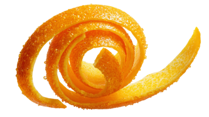 Close-up of an elegantly spiraled orange peel on a white background.