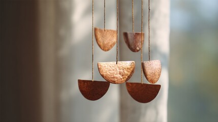 Group of six triangular-shaped objects hanging from a string. the objects appear to be made of wood or a similar material and have a rustic, weathered appearance.