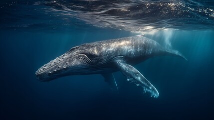 Conceptual image of a majestic humpback whale gracefully swimming in deep blue ocean waters, illuminated by stunning underwater light, showcasing marine life in vivid detail.