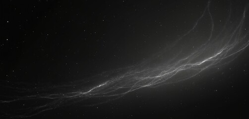 Nebula cloud with shining stars on dark black sky. Light comet trail flows in outer space. Celestial layout, subtle photo for text, poster, cosmic backdrop.