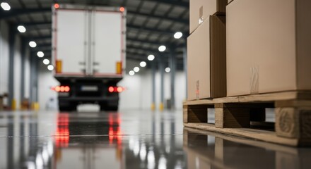 Cargo truck reversing into a warehouse, with stacked cardboard boxes on wooden pallets in the foreground, showcasing logistics and efficient cargo transportation operations in a commercial setting