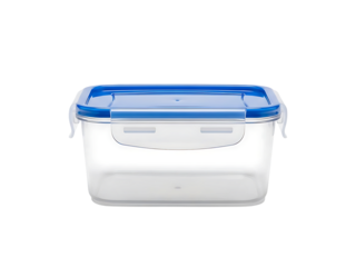 Clear plastic food storage container with a blue lid.