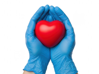 Hands in blue gloves hold red heart symbol with care and protection isolated on transparent background