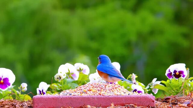 Stunning bluebird perched on bird feeder surrounded by vibrant pansies in motion video