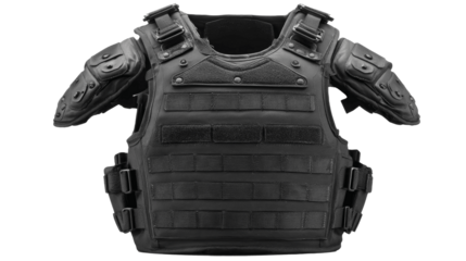 Tactical black body armor vest with shoulder protection pads.