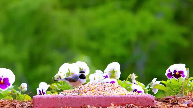 Tiny chickadee enjoying birdseed feast amidst vibrant pansies in serene outdoor garden setting