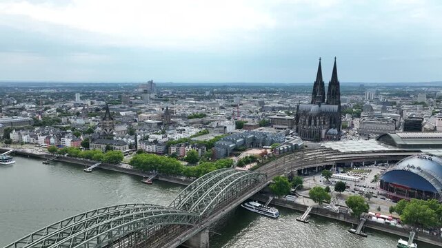 Cologne City Cathedral and Central Train Station, Hbf. Germany, Drone. Sightseeing