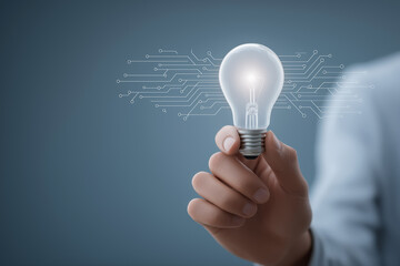 Hand presenting light bulb with digital connections on blue background innovative idea smart technology and creative business solution concept