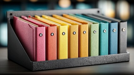 Organize your office with a vibrant spectrum of professional binders neatly arranged in a modern organizer, making project management and information retrieval effortless and visually appealing