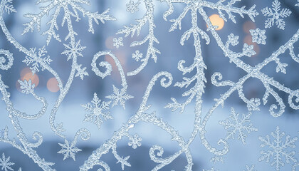 Frosted windowpane with intricate ice patterns and winter background  