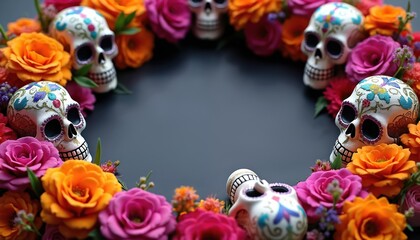 Sugar skulls, bright flowers form circular frame. Image captures spirit of Dia de los Muertos traditions. Colorful decorations signify remembrance, celebration of ancestors with vibrant floral