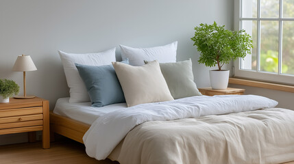 Obraz premium Bright cozy bedroom with wooden bed white bedding and green plant stylish modern home interior design