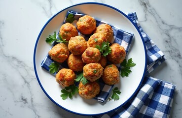 Fototapeta premium Photo of vegan meatballs served on a white plate with blue checked napkin. Appetizing vegetarian meal made with chickpeas. Delicious plant based food presentation for healthy eating.