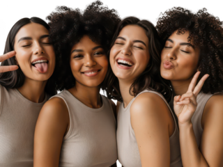 Diverse group of young women laughing and making peace signs and kissing isolated on transparent background