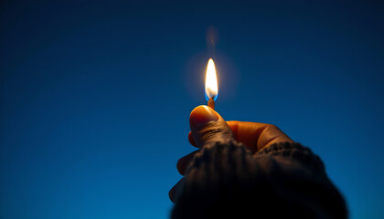 Hand holding a lit match against a dark blue background  