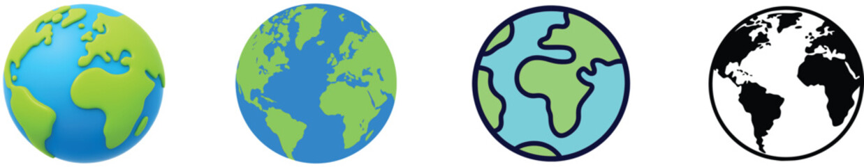 World Map in Circle, Modern Simple Globe Designs Collection Vector, Earth Globe Icon Set 