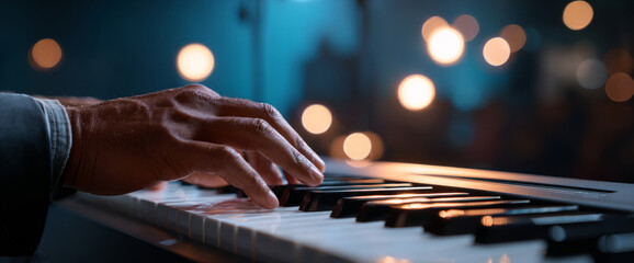 Close-up of a person playing an electronic keyboard piano with warm bokeh lights in the background during a nighttime performance