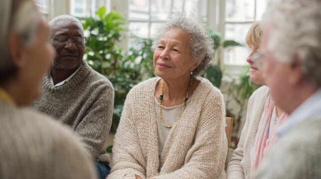 Group of five elderly people sitting in a circle and engaged in a conversation. they are all dressed in casual clothing and appear to be of different ages and ethnicities. - Powered by Adobe
