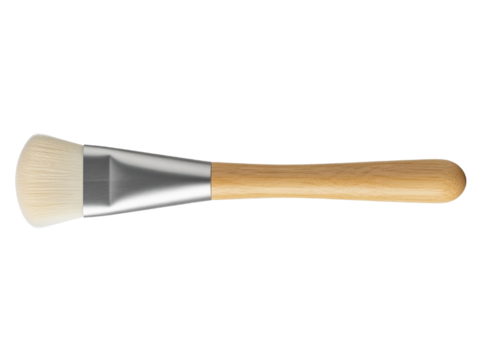 Cosmetic makeup brush with wooden handle and soft white bristles on a transparent background