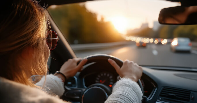 Woman driving car in evening traffic at sunset safe transport daily commute and modern road travel lifestyle
