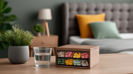 Nightstand with plant water glass and wooden box of colorful socks cozy bedroom organization and home lifestyle concept