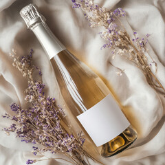 White champagne bottle mockup with blank label and floral dried flower background.