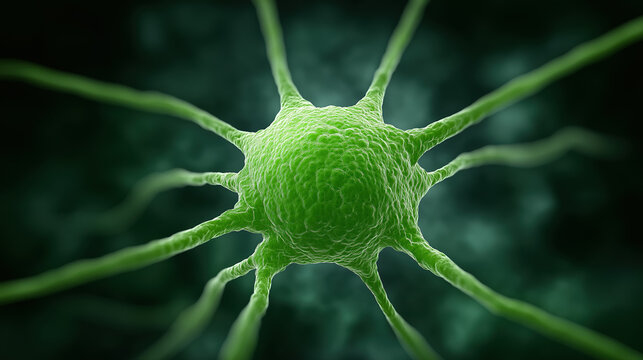 Green neuron cell closeup on dark background nervous system biology and neuroscience research concept - Powered by Adobe