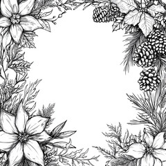 Vintage Christmas Frame with Poinsettia Flowers and Pine Cones