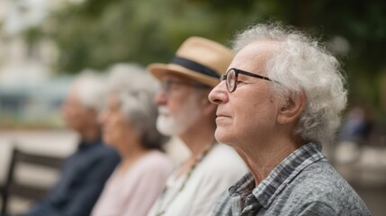 Fototapeta premium Group of elderly people sitting on a bench in a park.