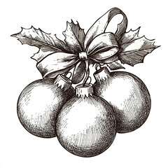 Vintage Ink Christmas Ornament Baubles with Holly and Ribbon Illustration