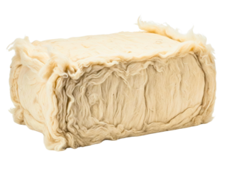 Rectangular block of beige mineral wool thermal insulation material on a transparent background