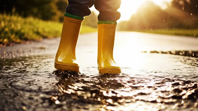 A child wearing yellow rain boots stands in a puddle of water, enjoying the outdoors on a sunny day.