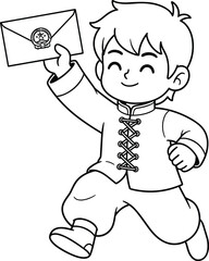 Smiling happy Chinese boy cartoon line art holding an envelope with a seal, running in traditional clothing, delivering a message or New Year's greeting.
