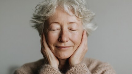 Close-up portrait of an elderly woman with short, curly white hair. she is wearing a beige sweater and has her eyes closed, with her hands gently resting on her face.