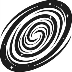 Stylized dark galaxy swirl surrounded by twinkling stars shines against white background