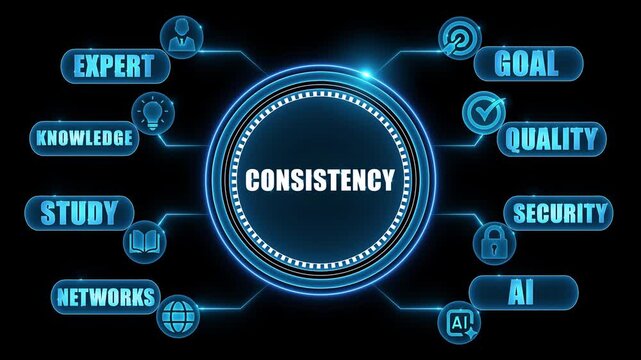 Consistency concept with connected icons for expert knowledge study networks goal quality security and AI