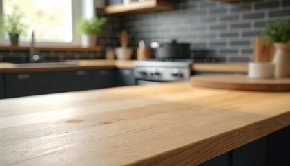 Modern kitchen interior in blurred background. Wooden countertop surface, sink, faucet. Stove with cookware stands at home inside. Tabletop surface for product promotion in designer apartments.
