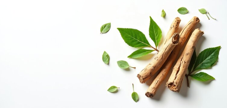 Dried natural licorice root sticks with fresh green leaves on bright white background. Herbal plant used in traditional medicine, healthy food, natural remedies. Offers organic health benefits.