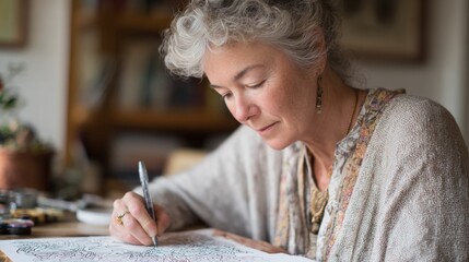 Elderly woman with curly white hair, sitting at a table and working on a piece of art. she is holding a pen and appears to be focused on her work.