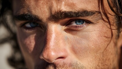 Close-up of a man’s face with vivid blue eyes, natural freckles, and sunlit skin, showcasing detailed texture and realistic expression.