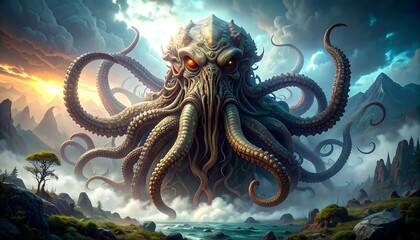 A colossal creature with tentacles and glowing eyes dominates a landscape of mountains, rivers, and swirling clouds. Dramatic lighting and rich colors