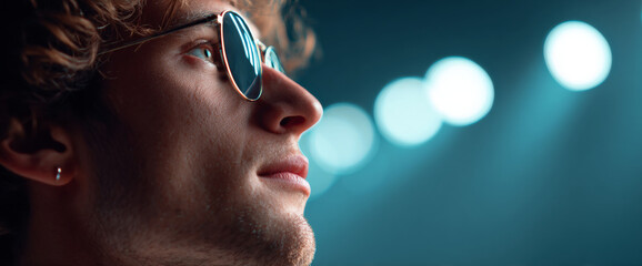 Close-up profile of young man wearing round sunglasses with reflective lenses against blurred blue bokeh background