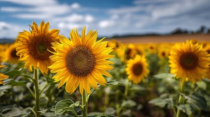 Fototapeta premium Vibrant Sunflower Field Under a Blue Sky with Puffy White Clouds