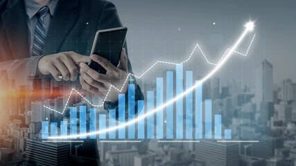 A businessman engages with financial data on a smartphone, surrounded by graphs and charts depicting growth, symbolizing success in a modern urban landscape. Copula - Powered by Adobe