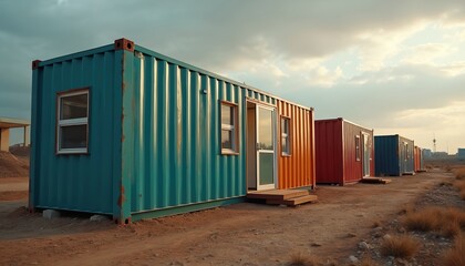 Colorful shipping containers arranged in a row. Portable modular buildings on a dirt lot under a cloudy sky. These units serve as temporary offices or shelters at a construction site.