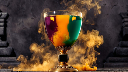 Belgium Flag Cocktail in Ornate Gold Chalice with Dramatic Golden Smoke